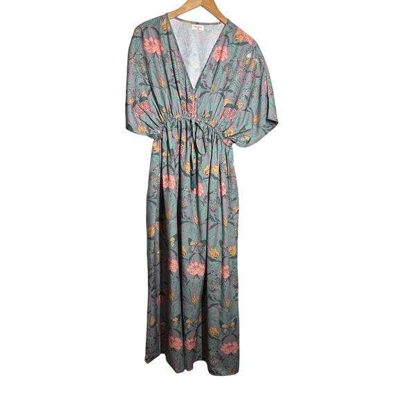 World Market Women S/M Gray Blue Floral V-Neck Dolman Boho Maxi Dress - Picture 1 of 8
